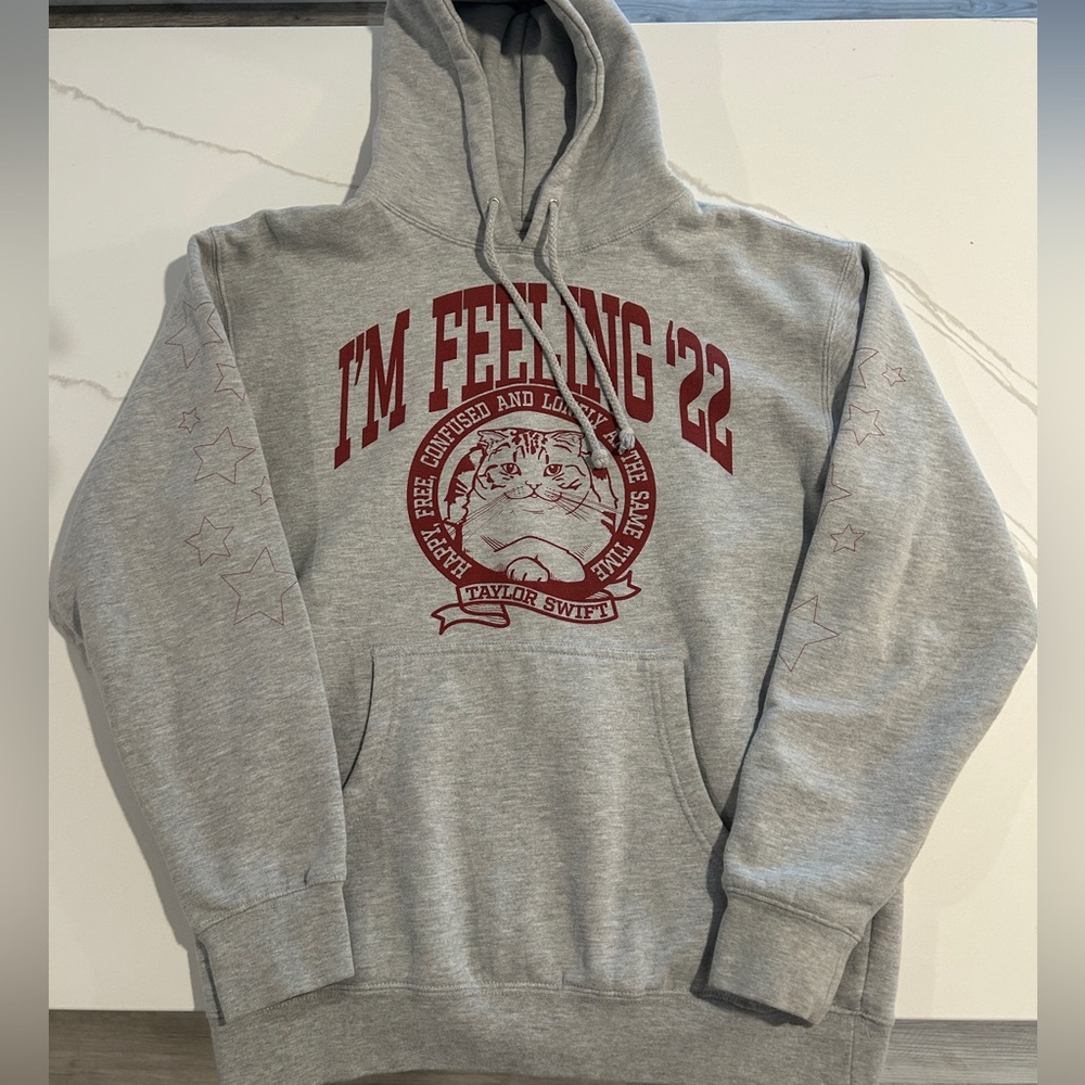Medium - unisex Taylor Swift Gray Hoodie with Red Graphic "I'm Feeling '22"
